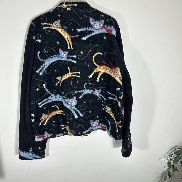 VTG 90s Womens Large L All Over Jumping Kitty Cat Print Fleece Jacket - Picture 4 of 6